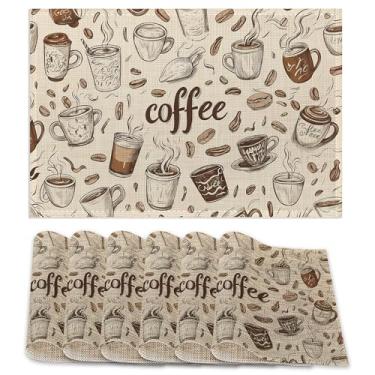 Imagem de Conjunto de 6 jogos americanos com tema de café, retrô, laváveis, para cozinha, sala de jantar, tapetes de mesa resistentes ao calor para festas em casa, ambientes internos, 30 x 45 cm