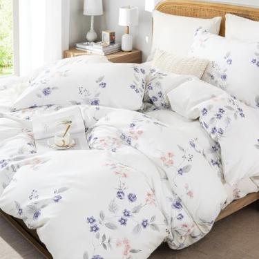 Imagem de Cozaline Conjunto de capa de edredom Queen – Roupa de cama floral botânica 100% algodão natural em branco, conjunto de capa de edredom de 3 peças respirável e macia com fecho de zíper