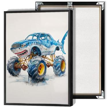 Imagem de Monstro Caminhão Aquarela Pôsteres Divertidos Tubarão Veículos Off Road Arte de Parede Corrida de Carro Extremo Motorista Estética Impressão Estética Pintura Para Meninos Sala de Jogos Quarto