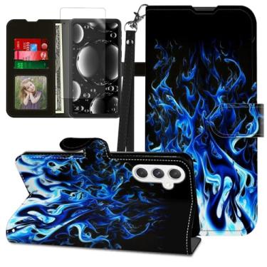 Imagem de BREIDMKFM Capa para Samsung Galaxy S24 FE com protetor de tela e suporte, suporte para cartão e alça de pulso, capa flip fólio carteira de couro protetora magnética para capa de telefone S24FE, chama