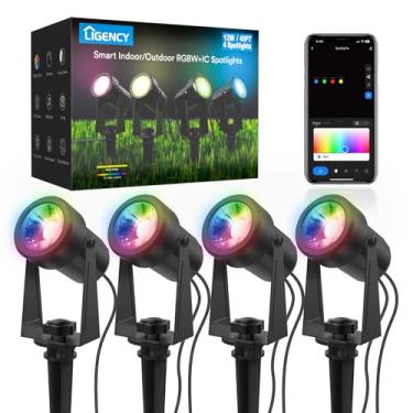 Imagem de Ligency Smart Outdoor Spot Lights Pacote com 4, holofotes IP65 à prova d'água, 40 pés WiFi RGBW+IC mudança de cor LED de baixa tensão iluminação paisagística funciona com Alexa, Google Assistant para