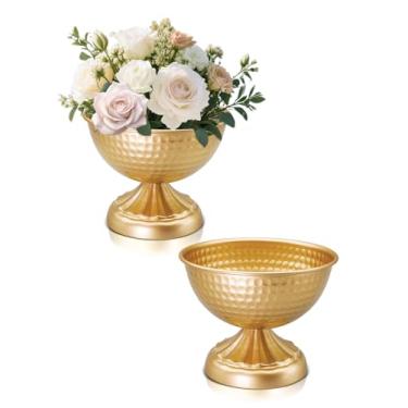 Imagem de AZXTOPSEZ Vasos de ouro martelado para centros de mesa: vaso de flores de ouro para mesa de casamento vaso de compota de metal de 15 cm para festa evento vintage vasos de urna tigela de pedestal para