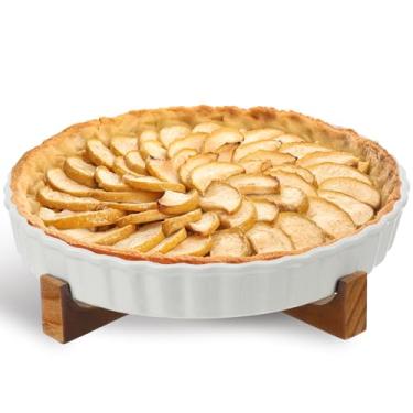 Imagem de LemonRoad Forma de torta de cerâmica de 22 cm com suporte de madeira, forma de torta de cerâmica com nervuras profundas para assar, quiche, canelada, para panela de frango, cheesecake, creme brulee