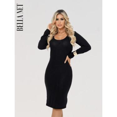 Imagem de Vestido Colado Manga Longa Lanzinha Inverno - Bella Net, M, Preto