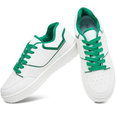 Imagem de Eydram Tênis feminino de couro branco com palmilha de espuma viscoelástica, plataforma de cano baixo, tênis casual com cadarço, Branco, verde, 38