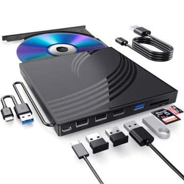 Imagem de Unidade externa de CD/DVD para laptop, gravador de CD ultrafino hub USB 3.0 com 4 portas USB, 2 compartimentos para cartão TF/SD, 1 porta tipo C, leitor de DVD para laptop compatível com Mac OS