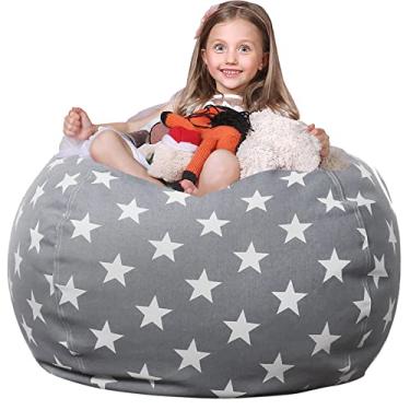 Imagem de WEKAPO Bolsa de pelúcia para crianças | Pufe de pelúcia com zíper para organizar brinquedos de pelúcia grande tela de algodão premium (estrela cinza, 2GG)