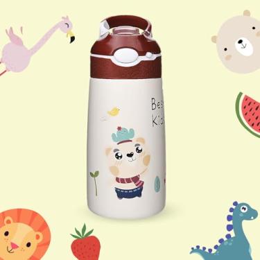 Imagem de Garrafa térmica infantil com canudo e trava de segurança antivazamento, Garrafinha aço inoxidável, 400ml, desenho Urso - LionLemon Store