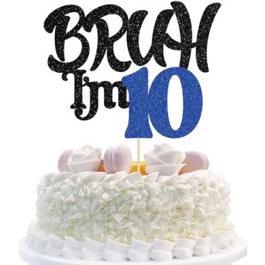 Imagem de Ephlyn 1 peça Bruh I'm 10 Cake Topper Glitter Happy 10th Birthday Cake Pick Bro I'm 10 It's My 10th Birthday Cake Decoration for Cheers to 10 Years Party Decorações Suprimentos Preto Azul