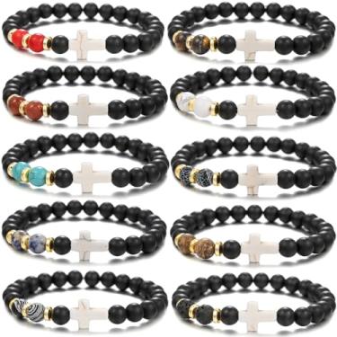 Imagem de HYHONEY Pulseira com contas cruzadas para mulheres e homens, pedra vulcânica, turquesa, olho de tigre, pulseira natural, cura da ansiedade, One Size, Pedra, Pedra