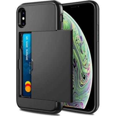 Imagem de Capa para iPhone X XS com suporte para cartão de crédito (loja 2 cartões), capa carteira fina Areaphmet para iPhone X capa deslizante oculta, capa protetora de camada dupla à prova de choque para