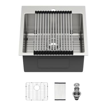 Imagem de Pia de barra de 45,7 cm - pia Beslend 45,7 x 45,7 cm para pia para trailer, pias de cozinha, pequenas pias de barra de aço inoxidável de calibre 16, pias de barra úmida quadradas, 23 cm de altura