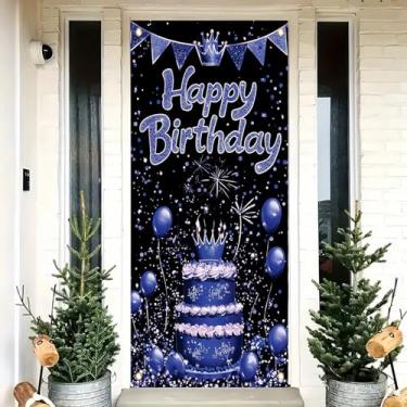 Imagem de Saoplasa Blue Happy Birthday Door Cover Decoration 71 x 35 Inch Crown Cake Balloon Banner for Girls Women Birthday Party Supplies Sparkle Glitter Backdrop Wall Decor for Celebration Photo Booth