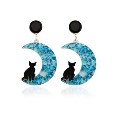 Imagem de Brincos fofos de gato de lua de Halloween preto para mulheres, brincos pendentes de gatos pretos de acrílico leve, azul, roxo, lua, brincos fofos de Halloween, gato preto, Metal, Sem pedra preciosa