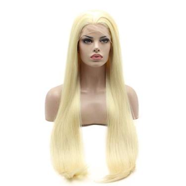 Imagem de Peruca sintética frontal reta extralonga sedosa loira clara meia mão amarrada resistente ao calor peruca de densidade pesada