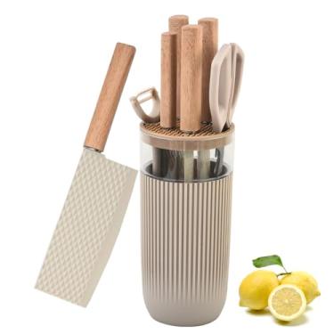 Imagem de Conjunto de facas, YF-TOW Conjunto de facas de cozinha cáqui de 7 peças com bloco de facas universal, conjunto de facas de chef super afiadas de aço inoxidável antiferrugem com alças ergonômicas