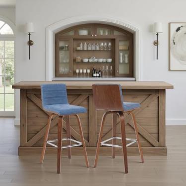 Imagem de Banqueta giratória moderna Vienna com assento estofado azul vintage e moldura de madeira com acabamento de nogueira, conjunto de 2