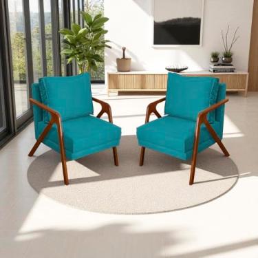 Imagem de Kit 2 Poltronas Para Sala Decorativas Shine Cadeiras Reforçadas Para Recepção Manicure Sala De Espera Consultório Escritório Confortável Em Madeira Maciça Castanho Suede Cores (Azul-turquesa)