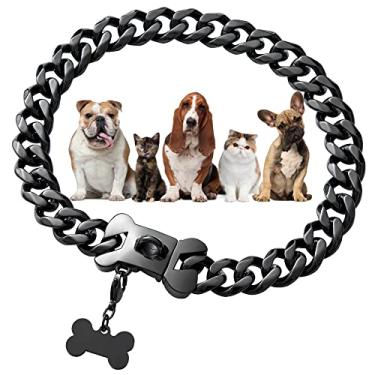 Imagem de Coleira para cães Cuban Link - Corrente de metal preto de 15 mm com fivela de encaixe seguro para Pitbull pequeno (35,5 cm)