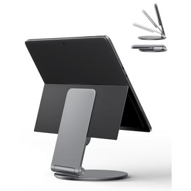 Imagem de LULULOOK Suporte para Surface Pro/Go – Base giratória de liga de alumínio de 360°, suporte dobrável para tablet Microsoft Surface Pro 7–11 e Go 2–4 | Acessórios portáteis de mesa de escritório, cinza