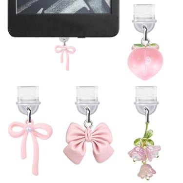 Imagem de sunla 4 pingentes para Kindle, pingente de plugue de poeira de laço rosa compatível com E-Reader, telefone, iPad com porta de carregamento tipo C/USB C -CP001
