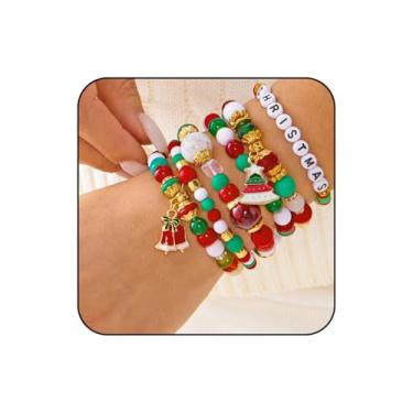 Imagem de WCRAZYE Pulseiras de Natal para mulheres, vermelho, verde, floco de neve, Papai Noel, árvore de Natal, pulseiras festivas com contas, pulseiras empilháveis elásticas da amizade, One Size, Miçangas