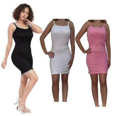 Imagem de KIT C/3 Vestidos Alcinha Canelado - Emporio J, Preto, Branco, Rosa bb,