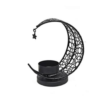 Imagem de Suporte de vela, pilar de ferro, lua, vela moderna, castiçal para mesa de jantar, festa, castiçais decorativos de casamento (11 x 6,3 x 12,5 cm, preto)