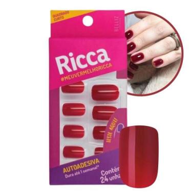 Imagem de Unhas Postiças Vermelha Bordo Autoadesiva Quadrada Curta 24 Unhas Ricc