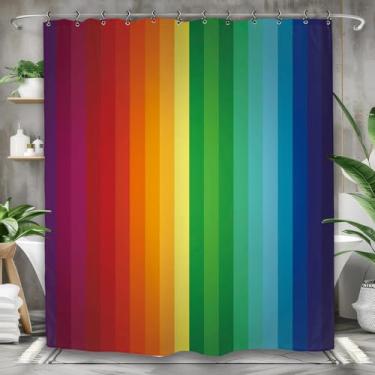 Imagem de Yookeb Cortina de chuveiro de banheiro abstrata colorida arco-íris 152 cm por 188 cm de altura, moderna, contemporânea, listrada, estética, brilhante, 12 ganchos de plástico, decoração à prova d'água