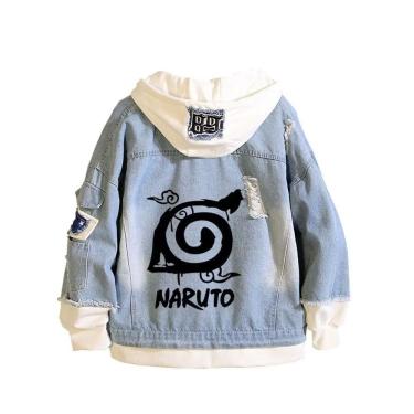 Imagem de Suéter jeans com capuz e jaqueta rasgada de anime Naruto