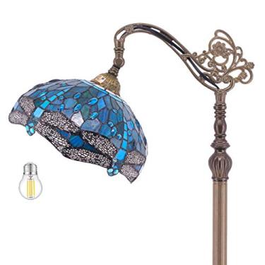 Imagem de Luminária de chão Tiffany 64 cm de altura poste industrial vintage Boho libélula azul vitral canto em pé brilhante luz de leitura LED arco pescoço ajustável sala de estar quarto de crianças fazenda WERFACTORY