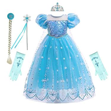 Imagem de REXREII Girls Frozen Elsa Princess Dress Halloween Costume Christmas Birthday Evening Party Ball Gown w/Accessories Blue 3-4T