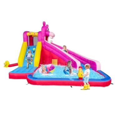 Imagem de Castelo Inflável Hipopótamo 4 em 1 com Escorregador, Piscina e Parede de Escalada – Parque Aquático Infantil Reforçado Oxford, Soprador Incluso, Alta Resistência