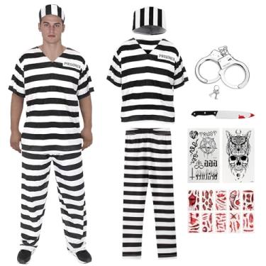 Imagem de nezababy 7 peças de fantasia de prisioneiro de prisioneiro masculino listrado traje de Halloween preto branco camisa calças de condenado algemas para mulheres adultas cosplay (médio)