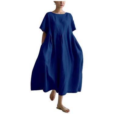 Imagem de Vestido MARSVOVO azul de linho para mulheres, verão 2024, moda 5XL