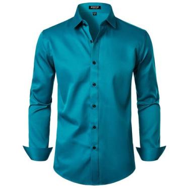 Imagem de Camisa social JEMITOP Wrinkle Free Stretch Teal para homens XXL