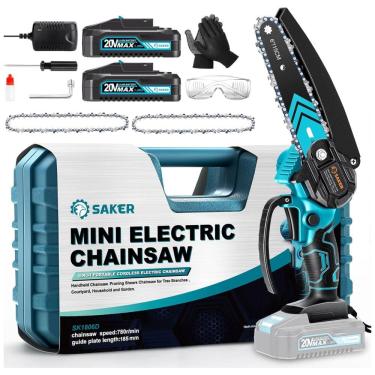 Imagem de Motossera Elétrica sem Fio para Poda de Galhos com 2 Baterias 20V 1500 mAh e 3 Correntes Extras, Saker, Azul