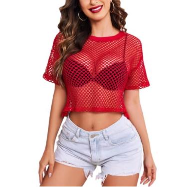 Imagem de Avidlove Camiseta arrastão sexy manga curta top rede camisetas transparente top cropped vermelho pequeno novo