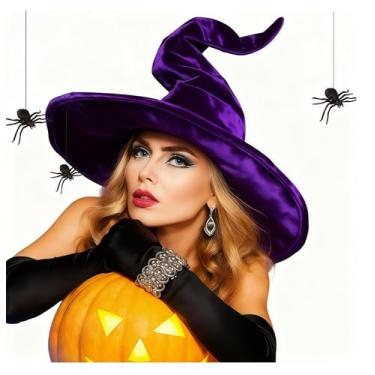Imagem de Geyoga Women Halloween Spider Witch Hat with 2 Pcs Black Halloween Spiders for Party Cosplay Costume Accessory (Purple)