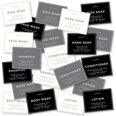 Imagem de Verute Etiquetas à prova d'água para dispensador de sabão de vidro âmbar e garrafas plásticas de 8 cm x 6 cm - Conjunto de cozinha, banheiro e chuveiro - 21 peças (branco, cinza, preto)