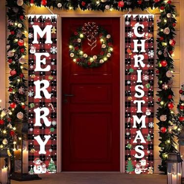 Imagem de Decorações de Natal ao ar livre, banners de Feliz Natal, xadrez búfalo vermelho e preto, placas de varanda de Natal, decorações de porta para casa, interior, exterior, quintal, decoração de Natal