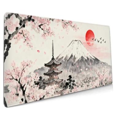 Imagem de Mouse pad japonês 35,4 x 15,7 2GG cinza rosa flores de cerejeira montanha aquarela grande mousepad teclado mouse pad pad pad com base de borracha antiderrapante bordas costuradas para jogos de