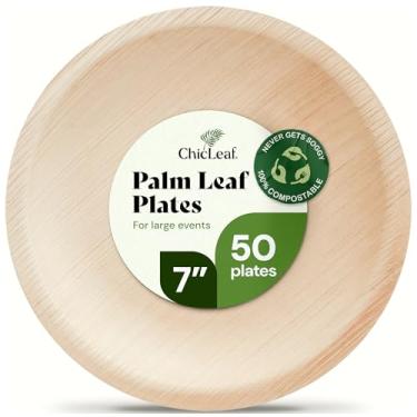 Imagem de Chic Leaf Pratos de bambu descartáveis para folhas de palmeira, como pacote de festa redondo de 17,8 cm (50 peças) compostáveis e biodegradáveis - pratos ecológicos - pratos de casamento para aperitivo ou sobremesa