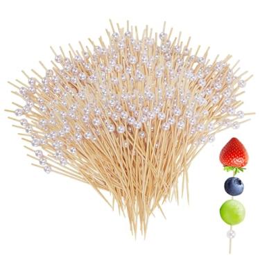 Imagem de SINJEUN Palitos de coquetel de 1000 peças, espetos de coquetel de pérola branca de 12 cm, palitos de bambu para aperitivos, frutas, charcutaria, bebidas, decoração de festa de casamento de aniversário
