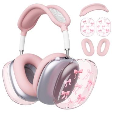 Imagem de BlHMCASE Capa de fone de ouvido para AirPods Max, capa fofa kawaii com laço transparente, capa de silicone rosa para fones de ouvido para Apple AirPods Max