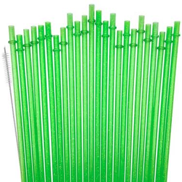 Imagem de 24 canudos de plástico reutilizáveis, cores puras, copo duro de 28 cm de comprimento com escova de limpeza - verde
