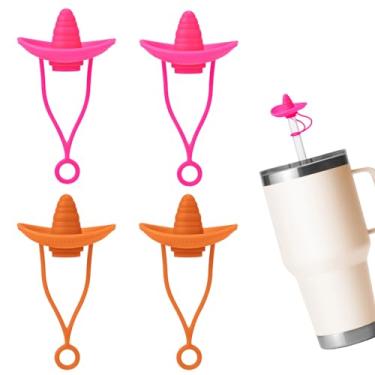 Imagem de 4 peças capa de palha de chapéu de vaca, tampas de palha de silicone macio para copo Stanley à prova de poeira tampa decorativa para copos 30, 1,134 g (rosa vermelha, marrom)