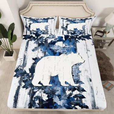 Imagem de Feelyou Jogo de lençol infantil, solteiro, urso camuflado, azul, urso, rústico, para decoração de quarto de crianças, meninos e meninas (1 fronha e lençol com elástico)