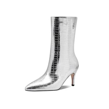 Imagem de Botas femininas prateadas espelhadas, modernas, bico fino, salto médio, botas curtas cano médio, Prata pedrada, 37